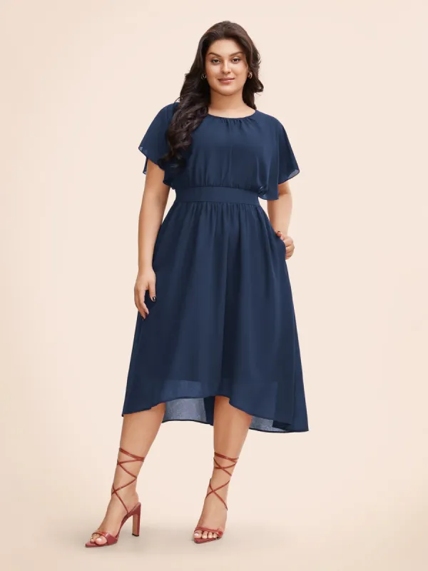 Solid Round Neck Pocket Shirred Back Mesh Ruffles  Dress sold by Bloomchic