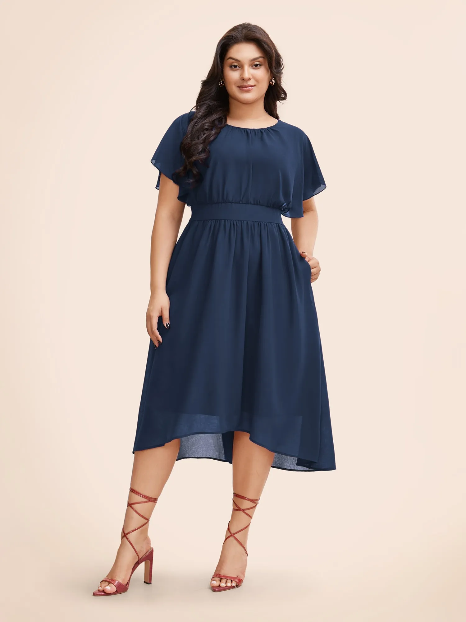 Solid Round Neck Pocket Shirred Back Mesh Ruffles Dress sold by Bloomchic