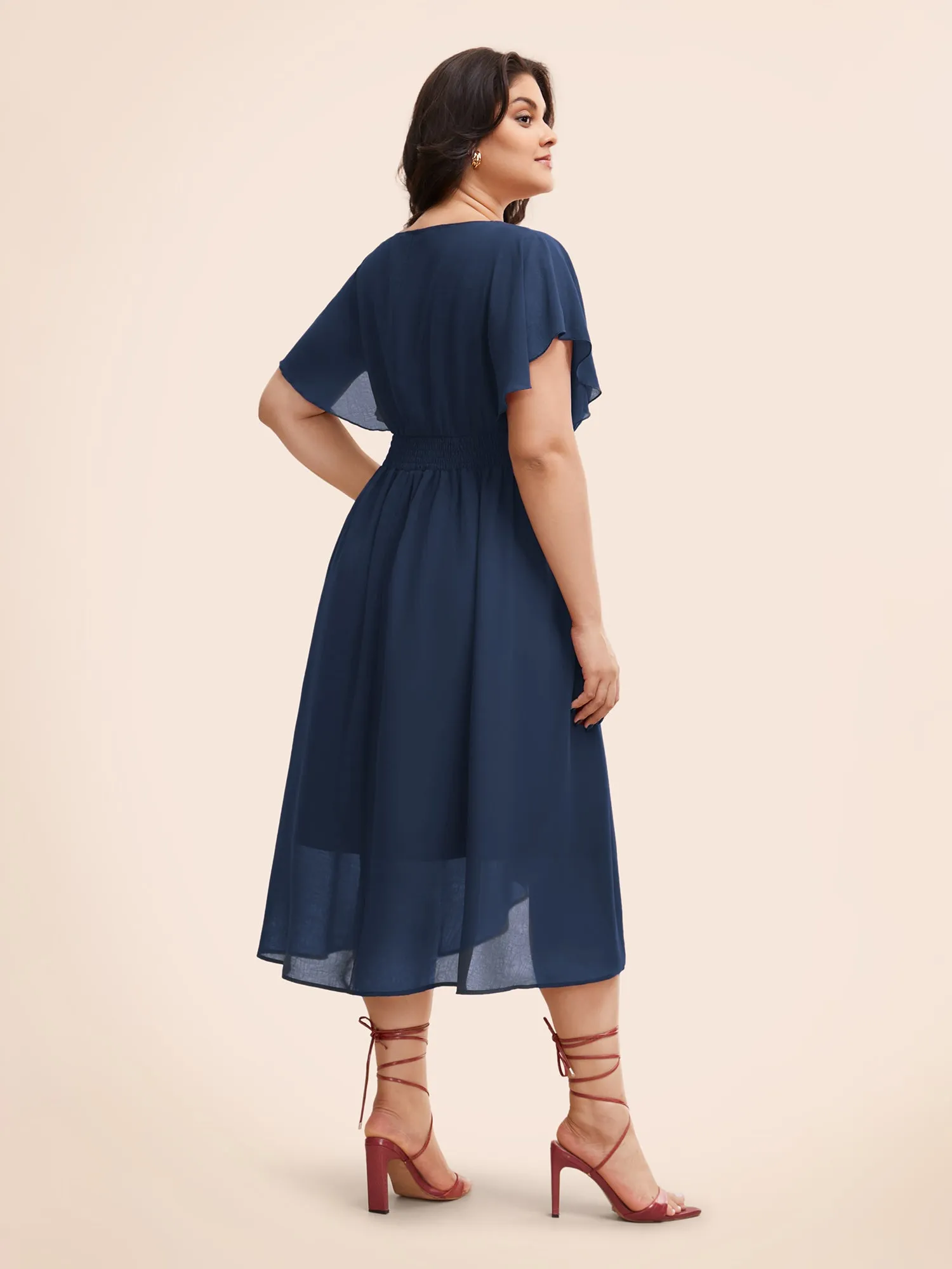Solid Round Neck Pocket Shirred Back Mesh Ruffles Dress sold by Bloomchic product image thumbnail 4