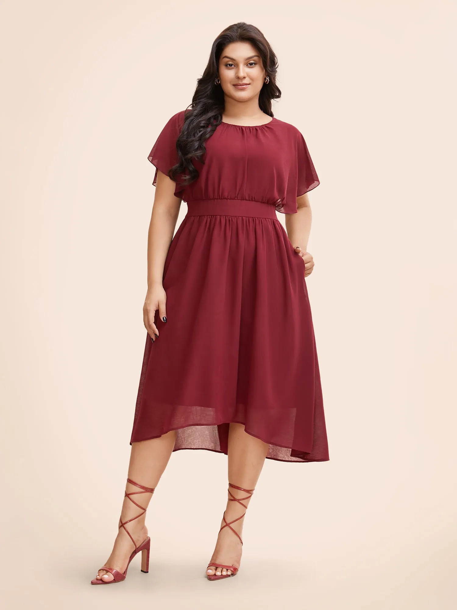 Solid Round Neck Pocket Shirred Back Mesh Ruffles Dress sold by Bloomchic product image thumbnail 5