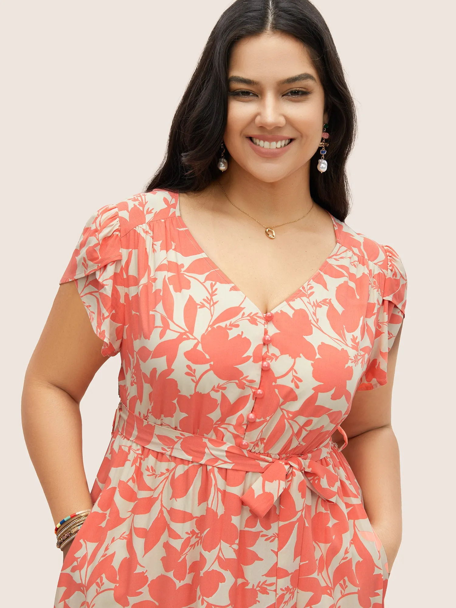 Silhouette Floral Print Lace Trim Petal Sleeve Dress sold by Bloomchic product image thumbnail 4