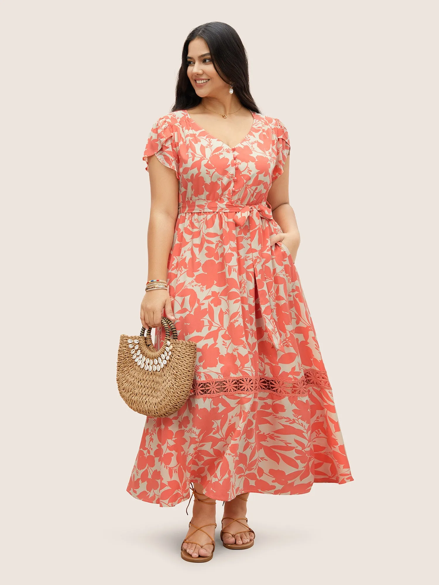 Silhouette Floral Print Lace Trim Petal Sleeve Dress sold by Bloomchic product image thumbnail 2