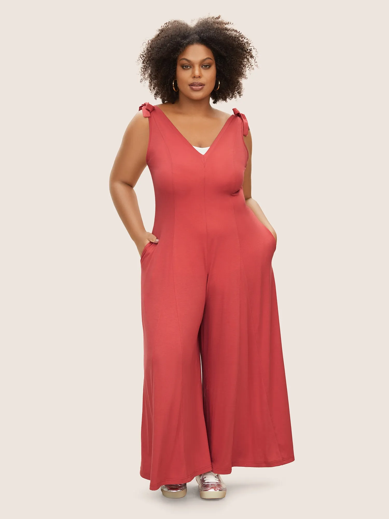Supersoft Essentials V Neck Solid Tie Knot Jumpsuit sold by Bloomchic product image thumbnail 3