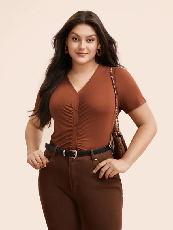 V Neck Button Detail Ruched T-shirt sold by Bloomchic