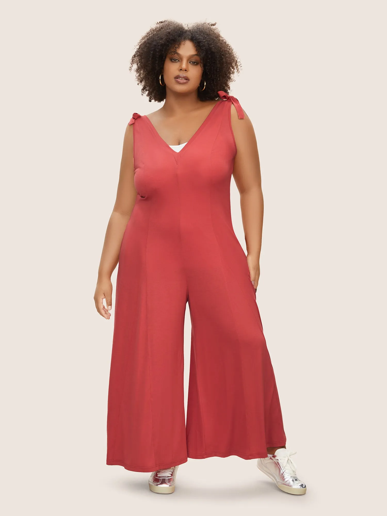 Supersoft Essentials V Neck Solid Tie Knot Jumpsuit sold by Bloomchic