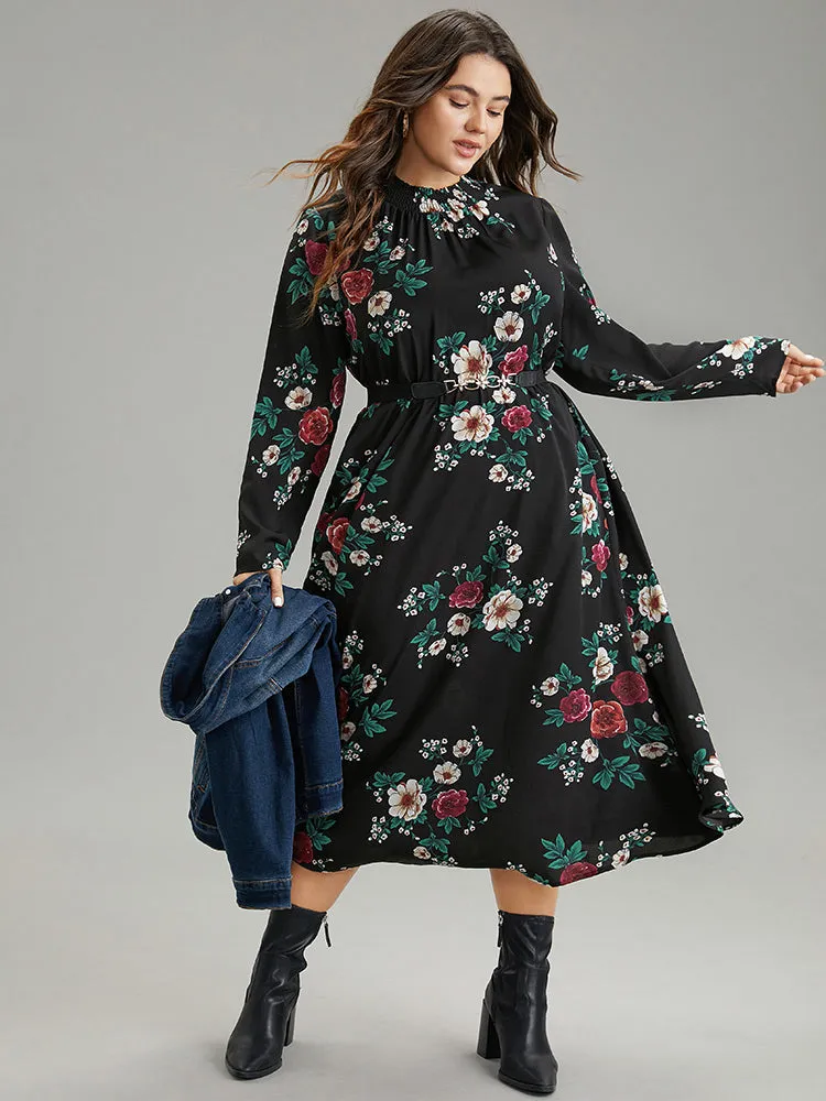 Floral Print Shirred Mock Neck Dress sold by Bloomchic