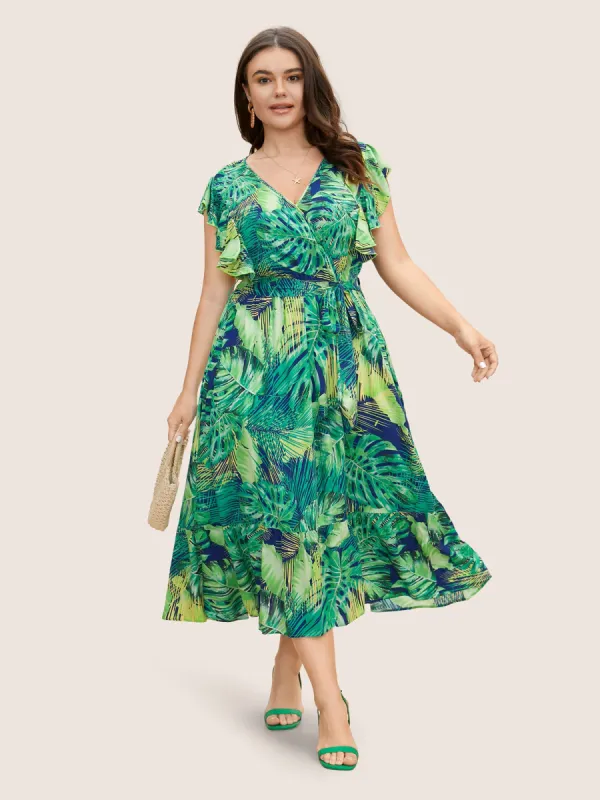 Tropical Print Overlap Collar Ruffle Cap Sleeve Dress sold by Bloomchic