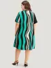 Striped Contrast Notched Pleated Roll Sleeve Dress sold by Bloomchic