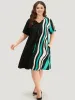 Striped Contrast Notched Pleated Roll Sleeve Dress sold by Bloomchic