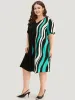 Striped Contrast Notched Pleated Roll Sleeve Dress sold by Bloomchic