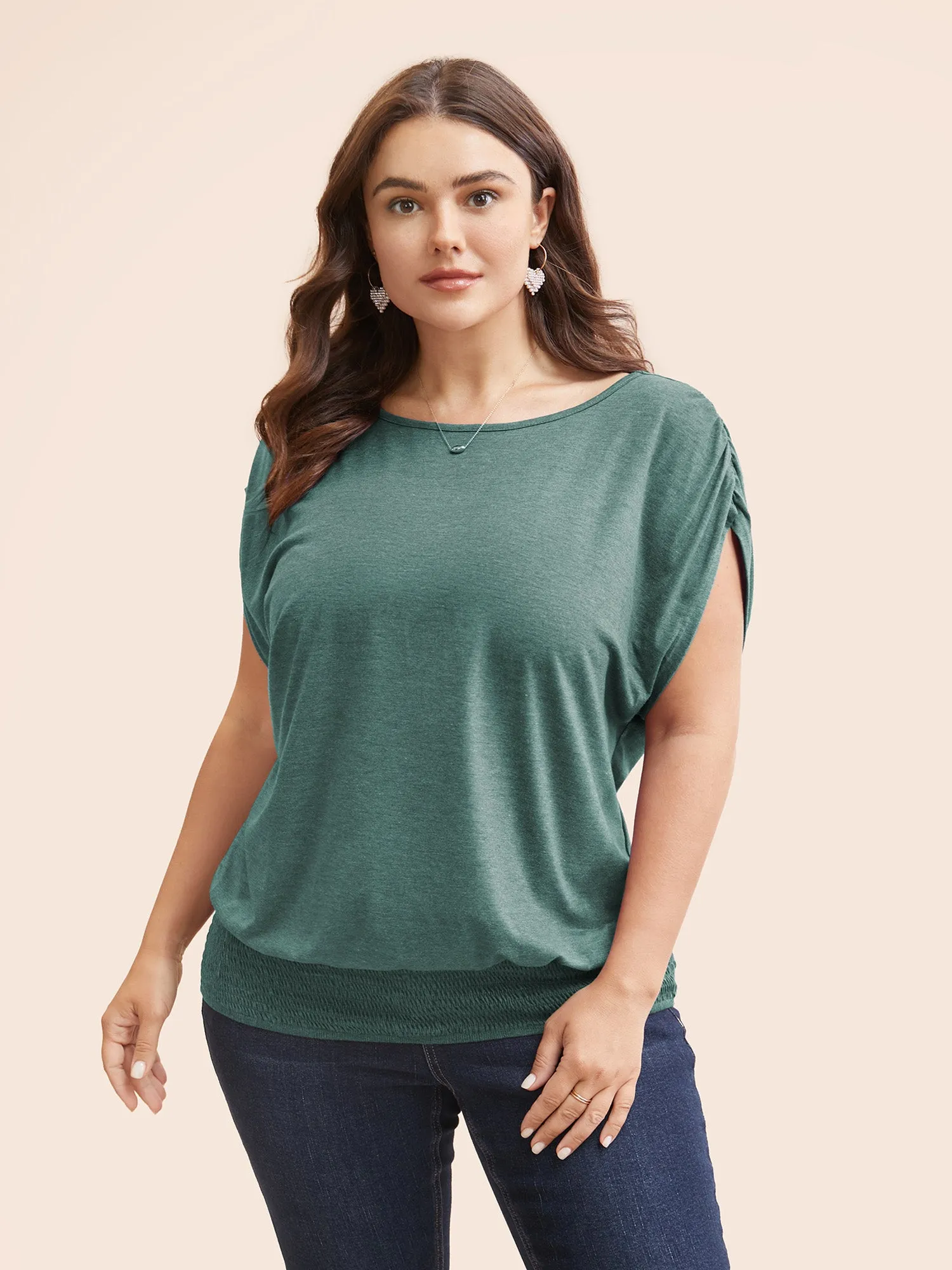 Solid Ruched Batwing Sleeve Shirred Hem T-shirt sold by Bloomchic product image thumbnail 5