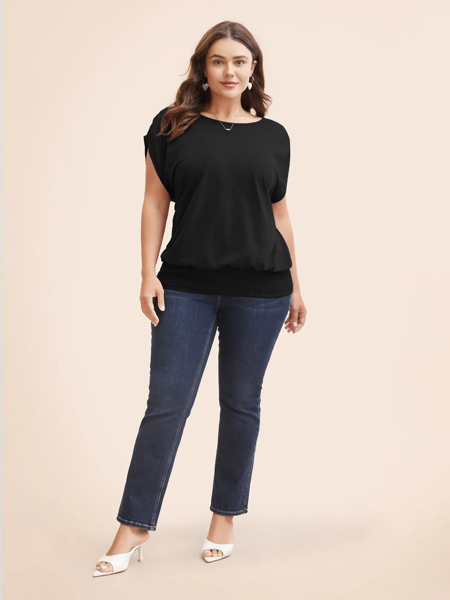 Solid Ruched Batwing Sleeve Shirred Hem T-shirt sold by Bloomchic product image thumbnail 2