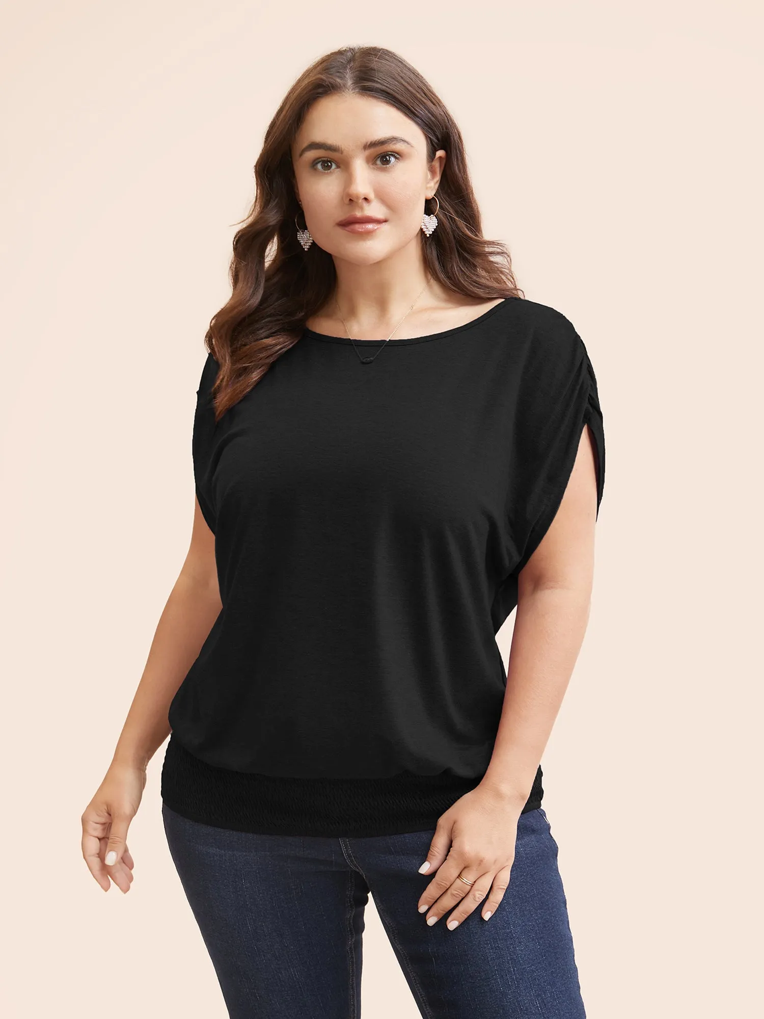 Solid Ruched Batwing Sleeve Shirred Hem T-shirt sold by Bloomchic