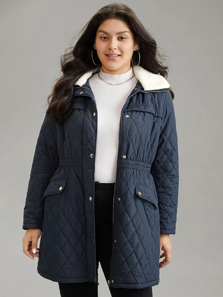 Patchwork Padded Fuzzy Trim Zipper Quilted Coat sold by Bloomchic