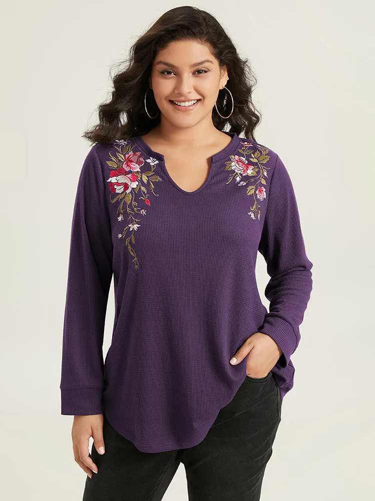 Floral Embroidered Notched Arc Hem Sweatshirt sold by Bloomchic
