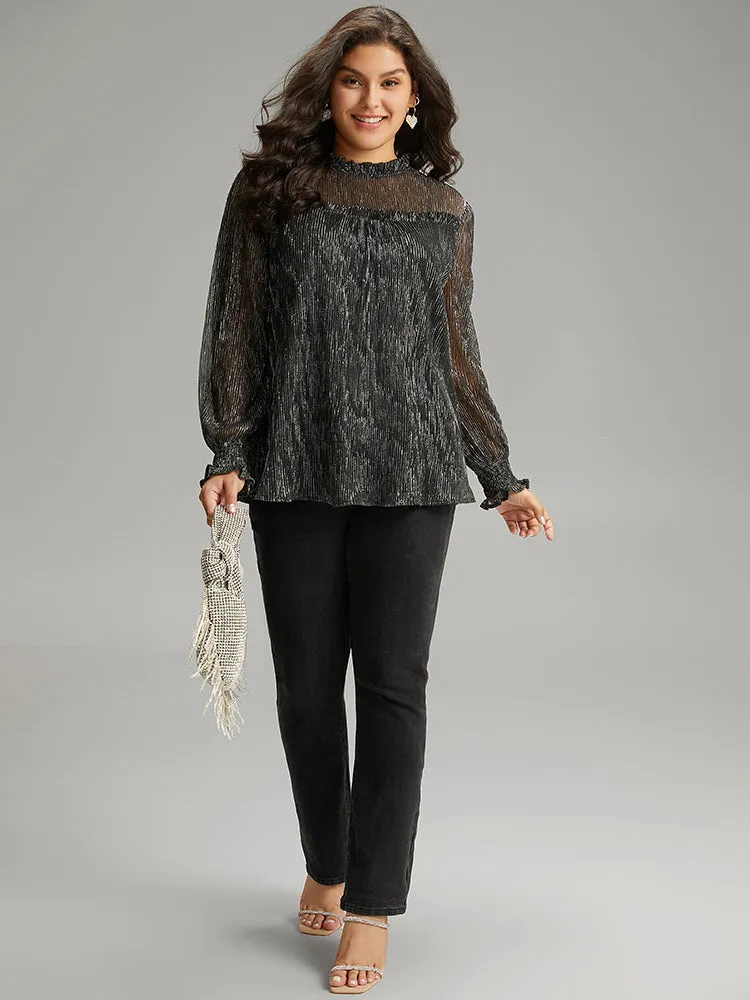 Stand Collar Mesh Patchwork Frill Trim Blouse sold by Bloomchic product image thumbnail 4