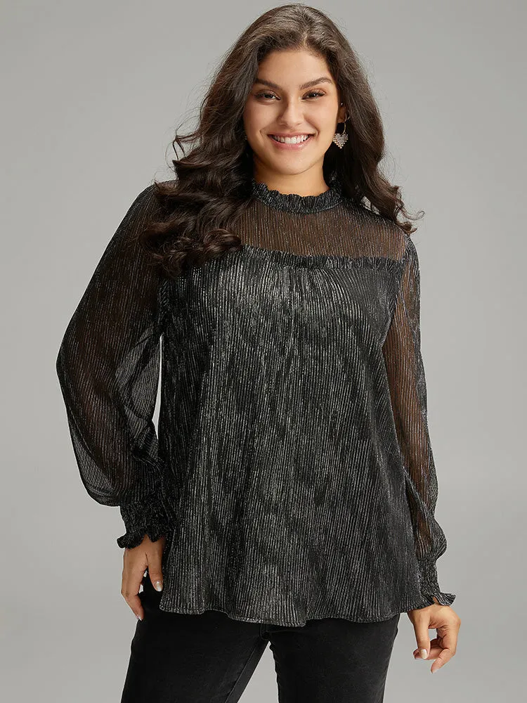 Stand Collar Mesh Patchwork Frill Trim Blouse sold by Bloomchic