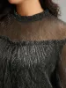 Stand Collar Mesh Patchwork Frill Trim Blouse sold by Bloomchic