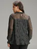Stand Collar Mesh Patchwork Frill Trim Blouse sold by Bloomchic