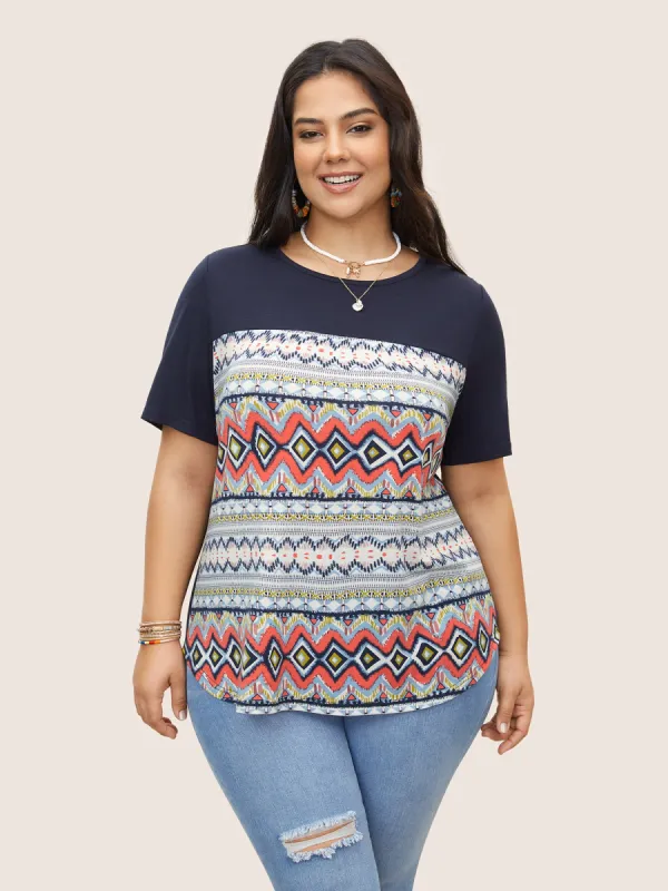 Round Neck Bandana Print Patchwork T-shirt sold by Bloomchic