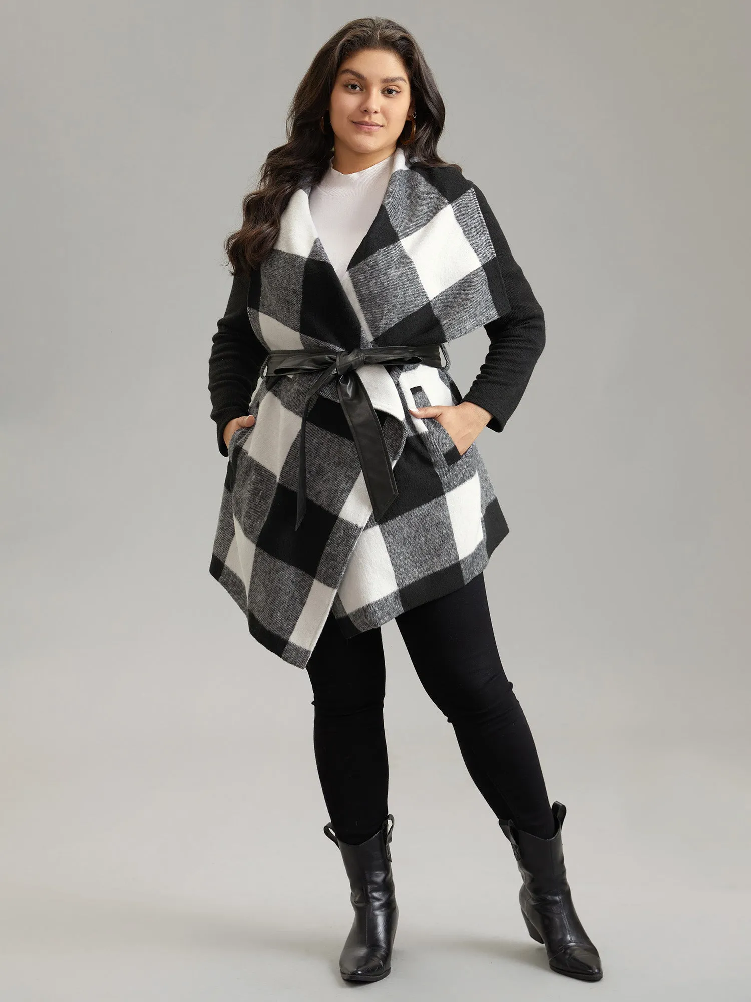 Plaid Lapel Collar PU Leather Belted Coat sold by Bloomchic product image thumbnail 4
