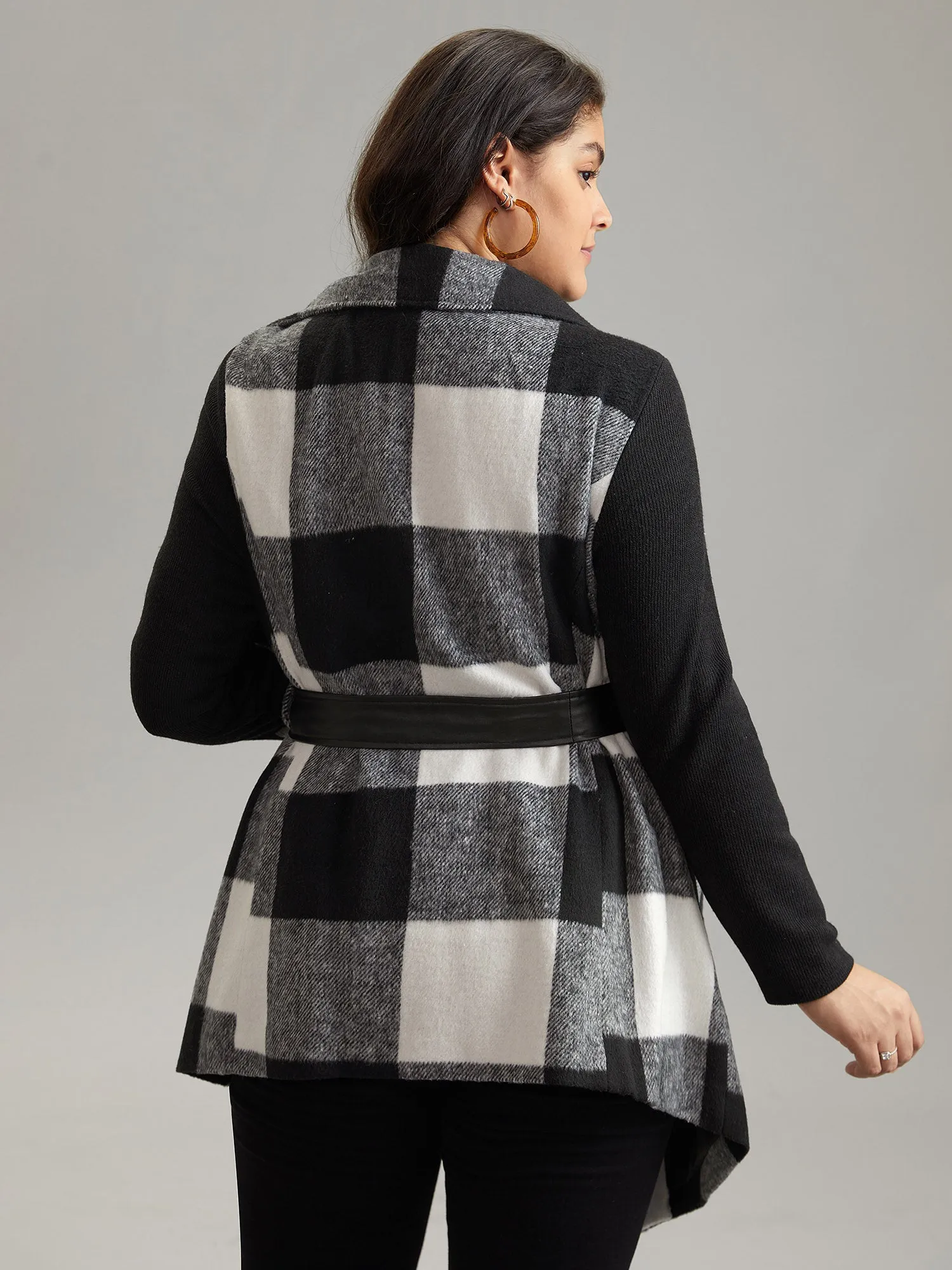 Plaid Lapel Collar PU Leather Belted Coat sold by Bloomchic product image thumbnail 2