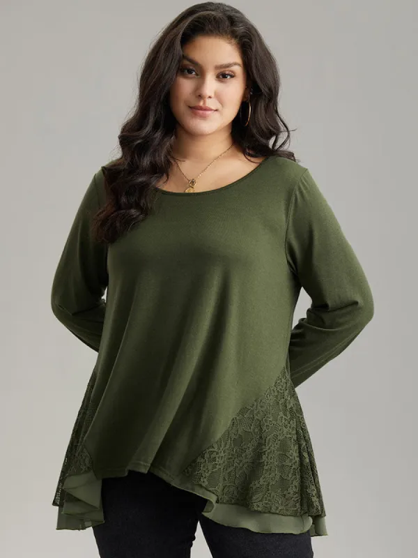 Solid Guipure Lace Asymmetrical Hem T-shirt sold by Bloomchic