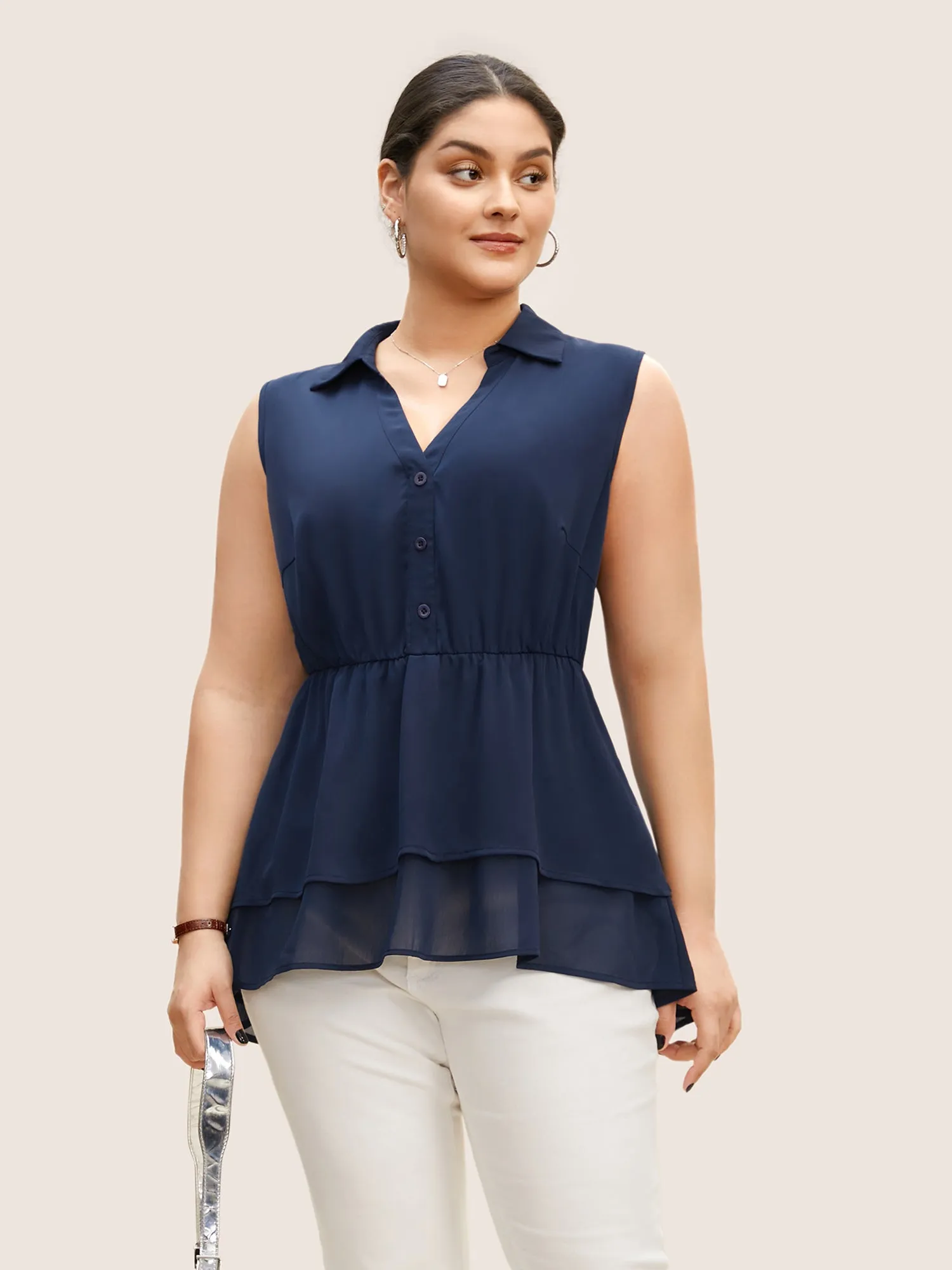 Shirt Collar Button Detail Sleeveless Tiered Hem Blouse sold by Bloomchic product image thumbnail 2