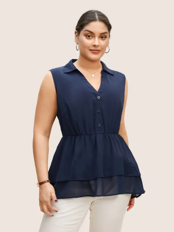Shirt Collar Button Detail Sleeveless Tiered Hem Blouse sold by Bloomchic