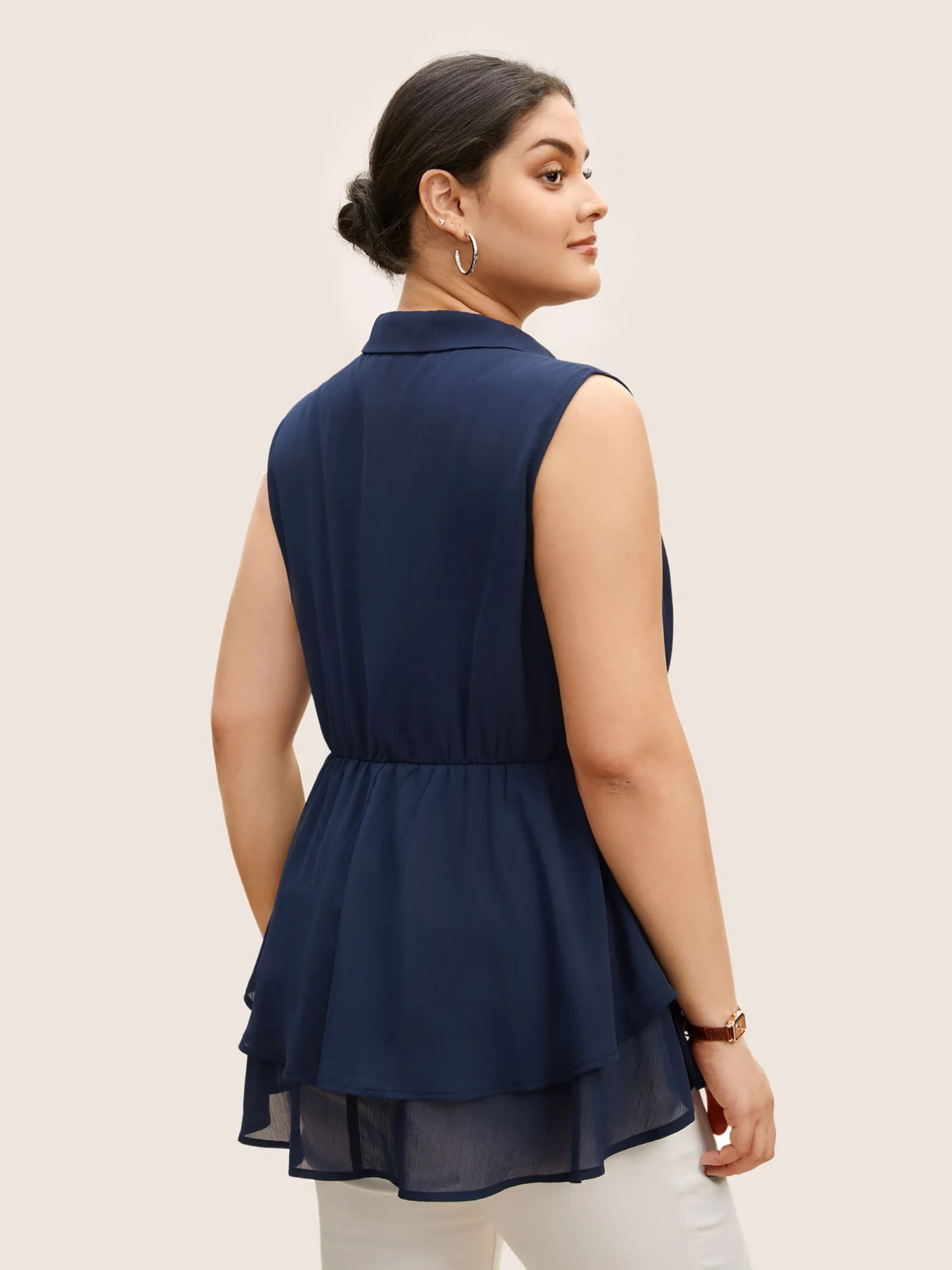 Shirt Collar Button Detail Sleeveless Tiered Hem Blouse sold by Bloomchic product image thumbnail 5