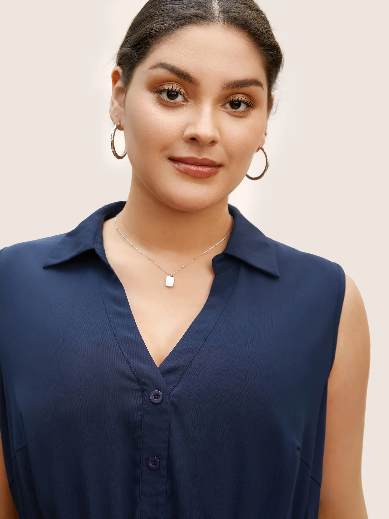 Shirt Collar Button Detail Sleeveless Tiered Hem Blouse sold by Bloomchic product image thumbnail 4