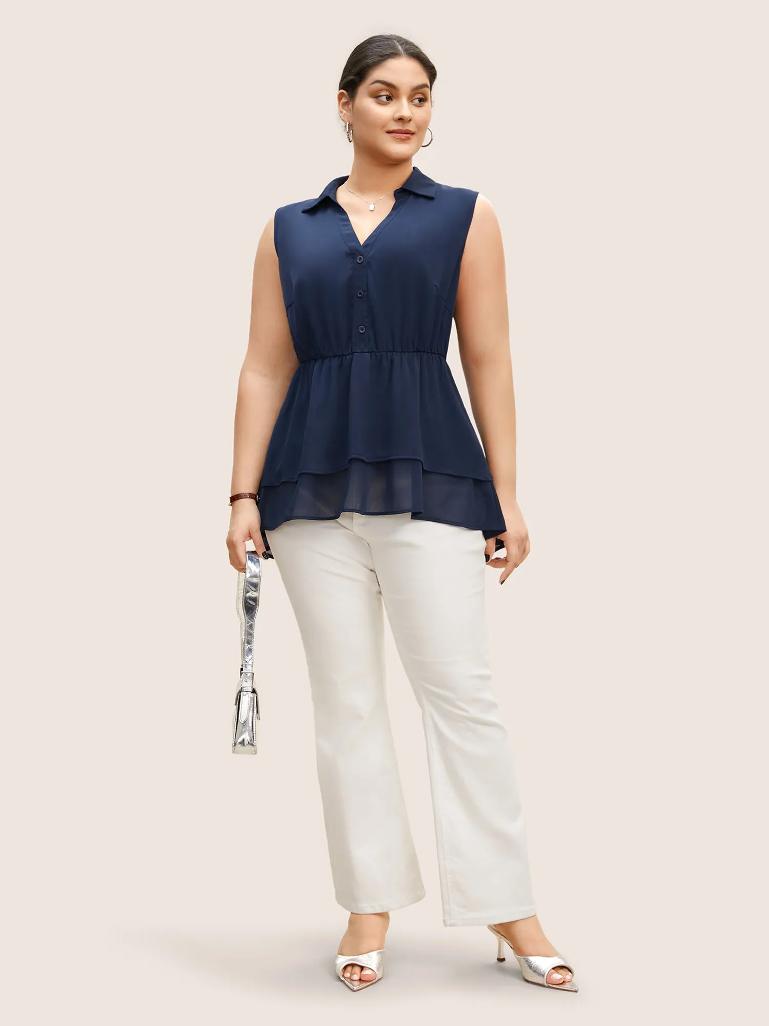 Shirt Collar Button Detail Sleeveless Tiered Hem Blouse sold by Bloomchic product image thumbnail 3