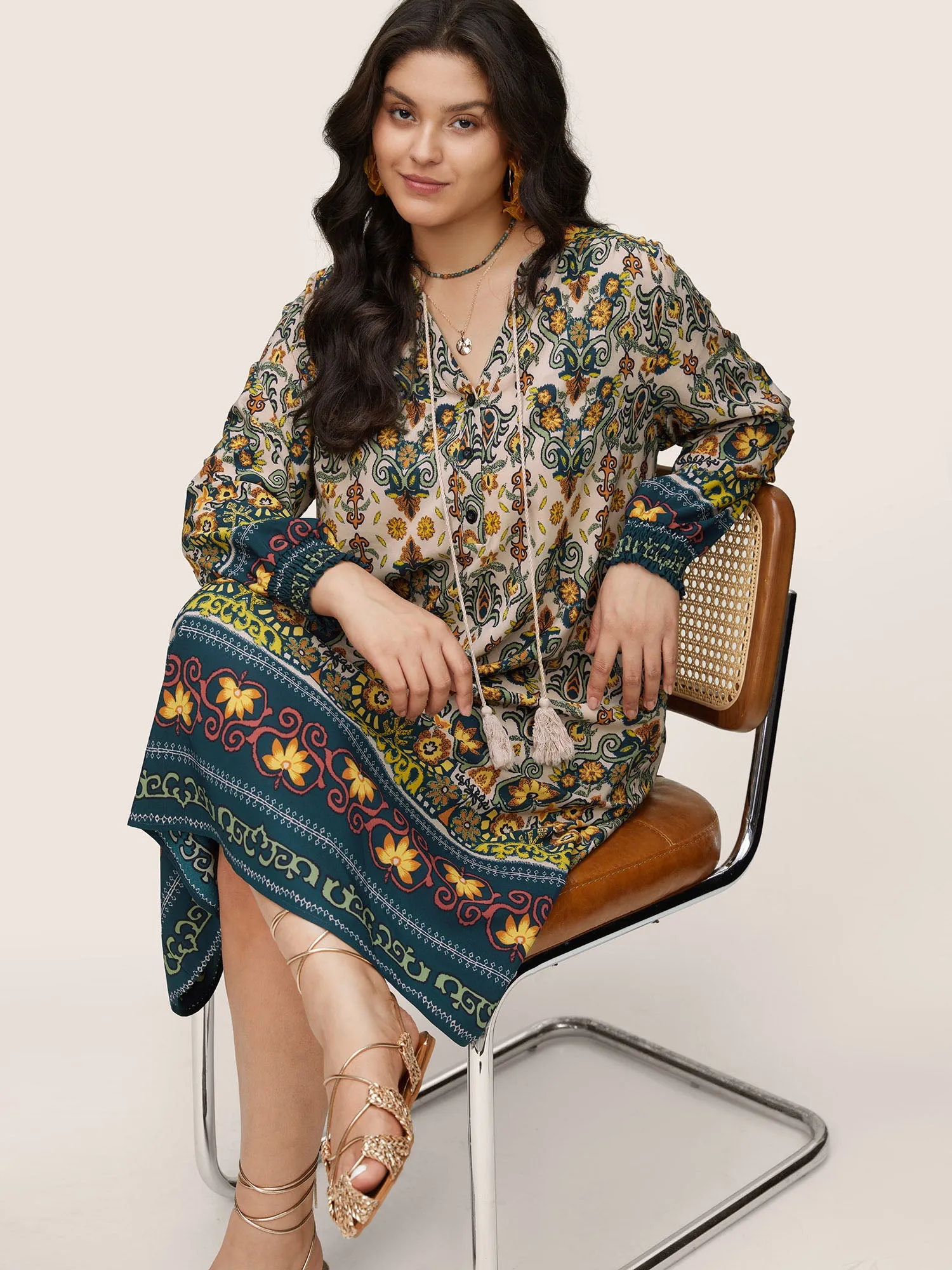 Bandana Print Tassels Ties Shirred Cuffs Dress sold by Bloomchic product image thumbnail 3