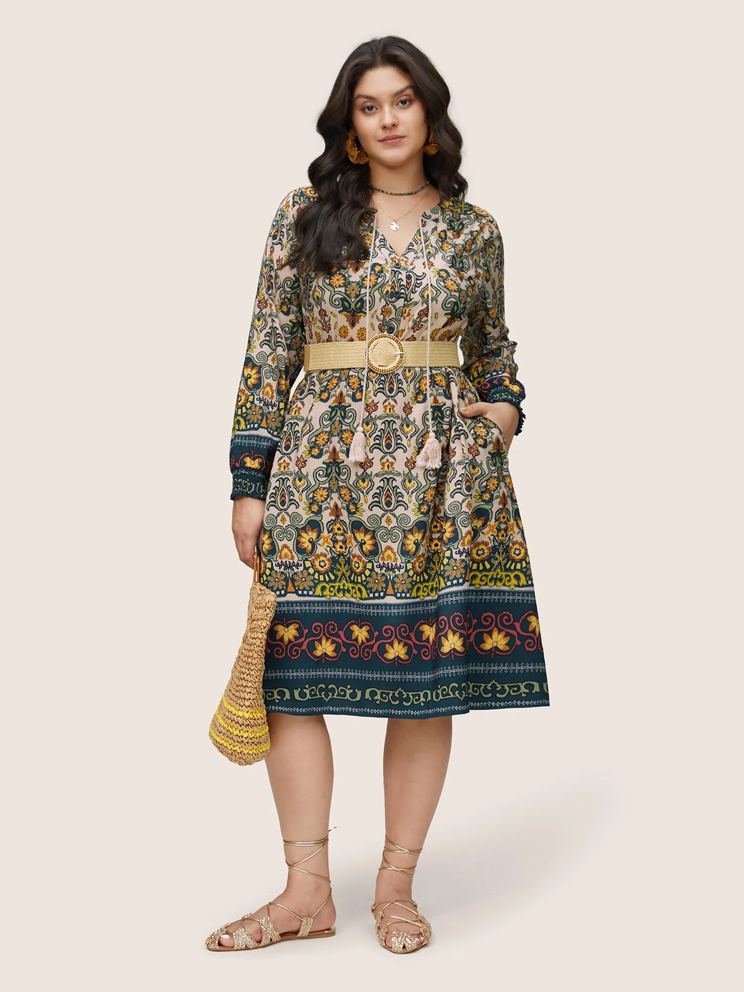 Bandana Print Tassels Ties Shirred Cuffs Dress sold by Bloomchic