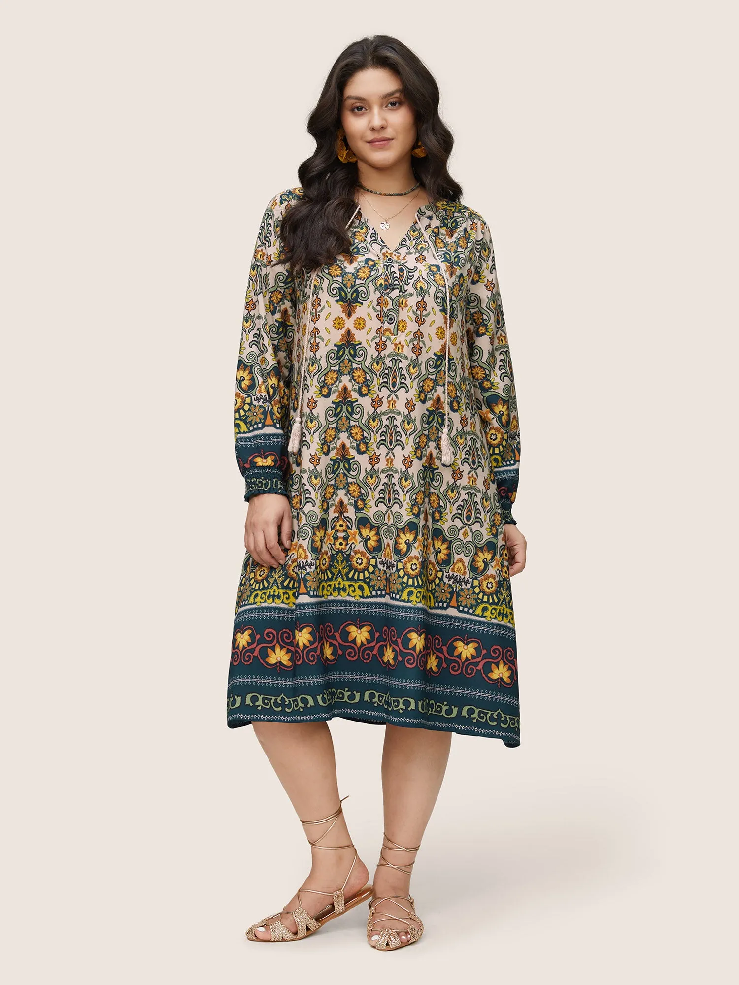 Bandana Print Tassels Ties Shirred Cuffs Dress sold by Bloomchic product image thumbnail 2