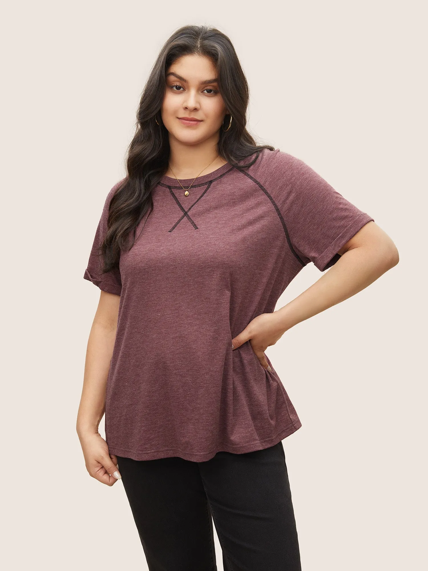 Heather Contrast Stitch Raglan Sleeve T-shirt sold by Bloomchic
