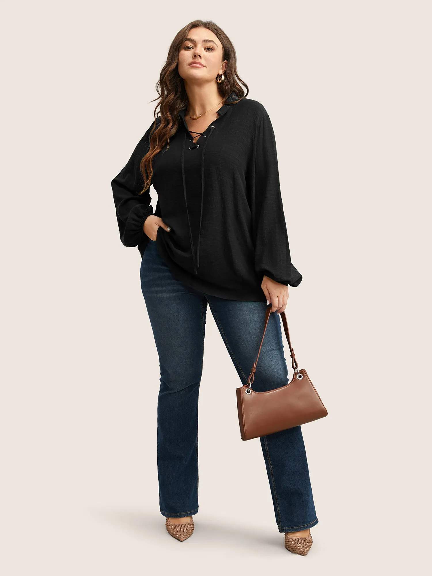 Plain Lace Up Lantern Sleeve Blouse sold by Bloomchic product image thumbnail 2