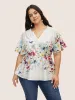 Floral Flat Collar With V Notch Frill Trim Blouse sold by Bloomchic