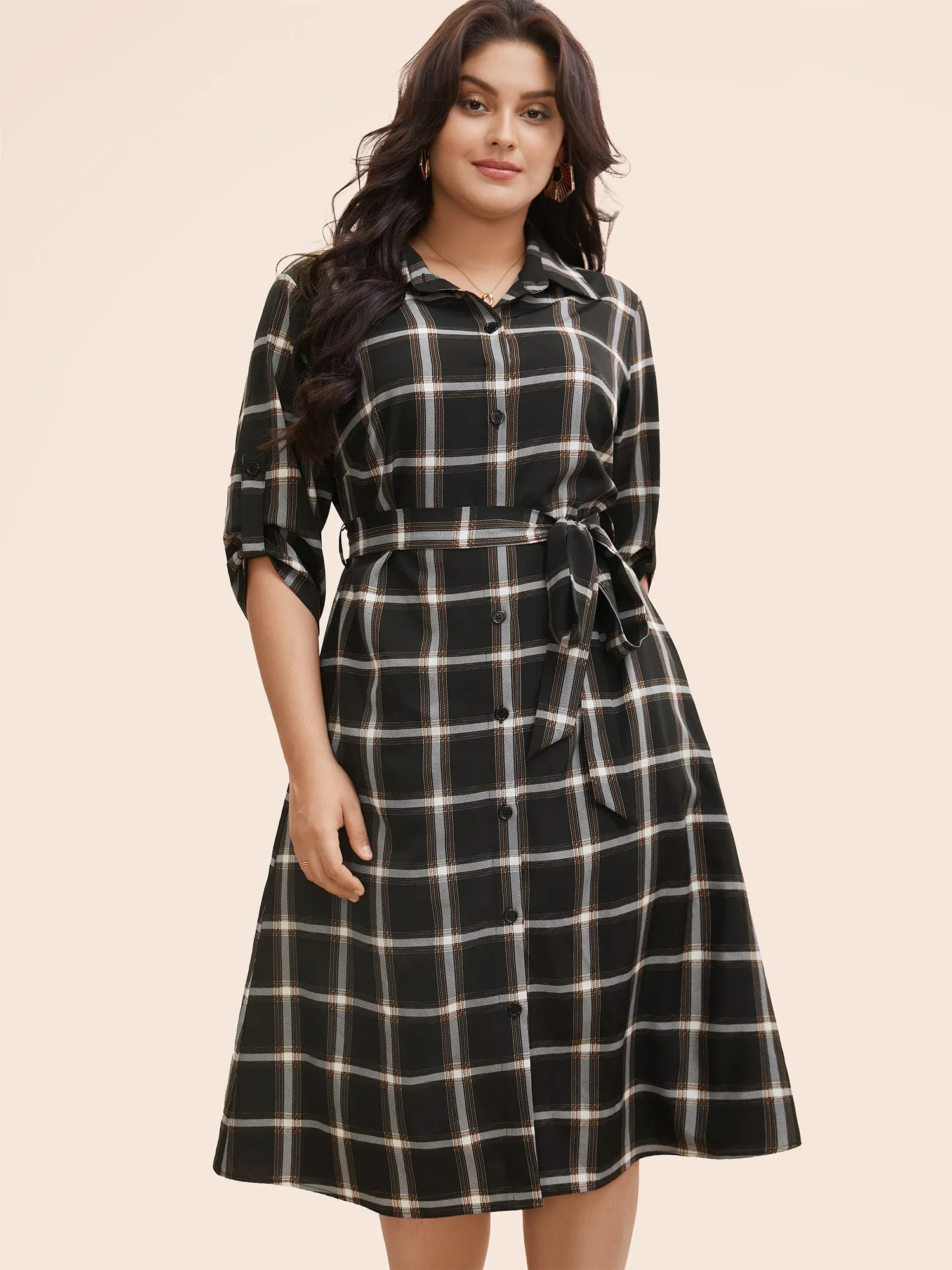 Plaid Shirt Collar Belted Tab Sleeve Dress sold by Bloomchic