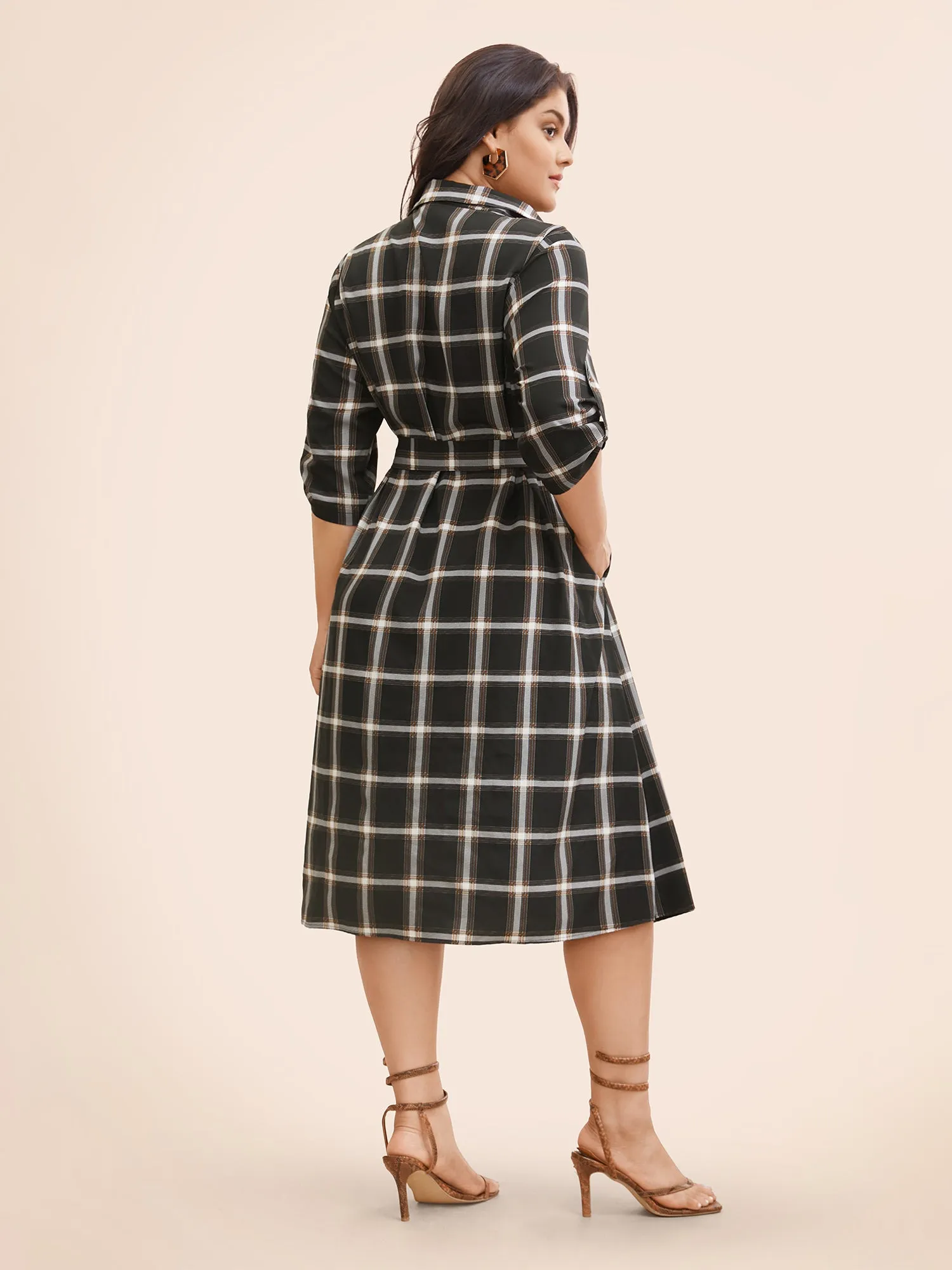 Plaid Shirt Collar Belted Tab Sleeve Dress sold by Bloomchic product image thumbnail 3
