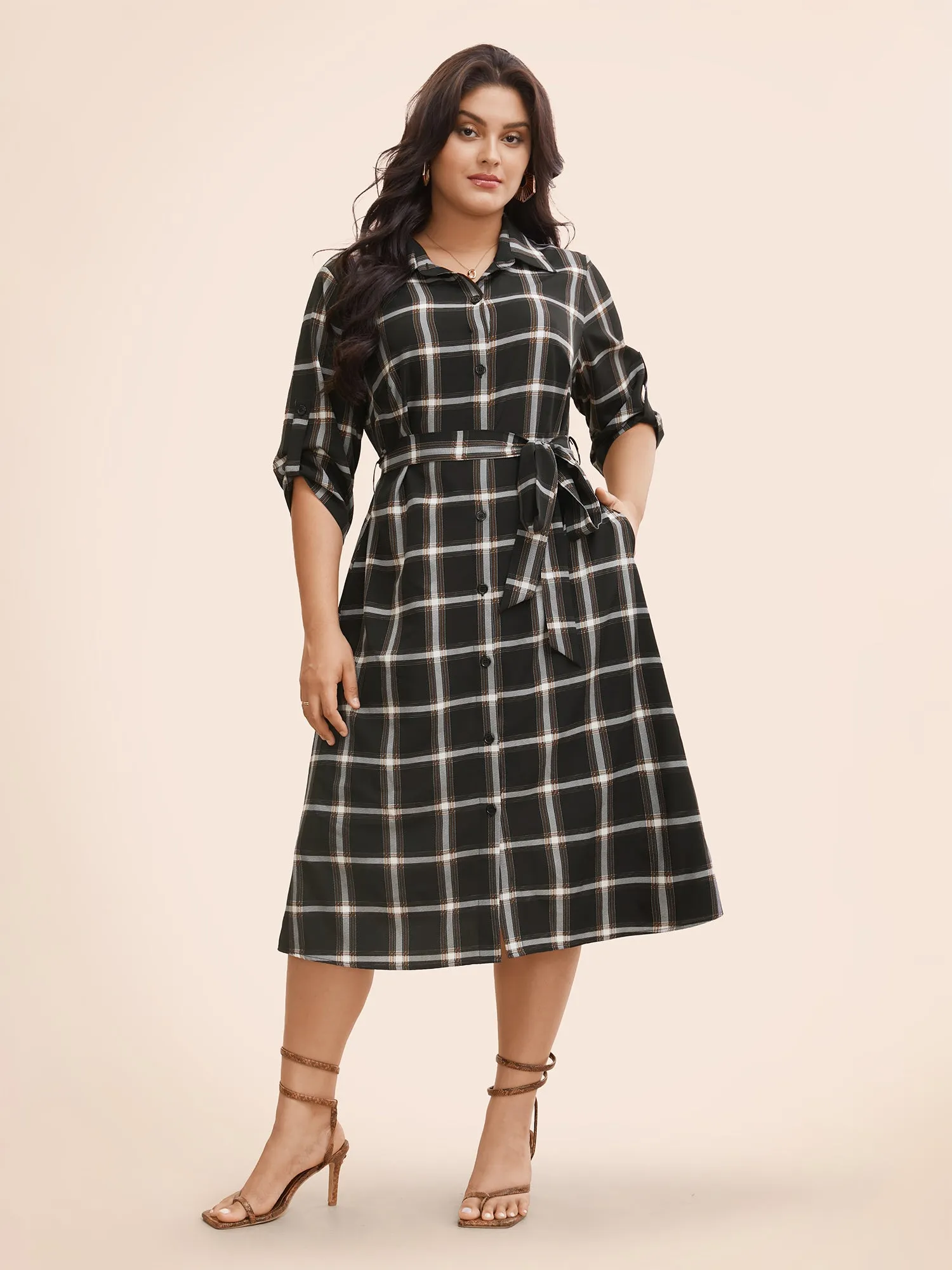 Plaid Shirt Collar Belted Tab Sleeve Dress sold by Bloomchic product image thumbnail 2