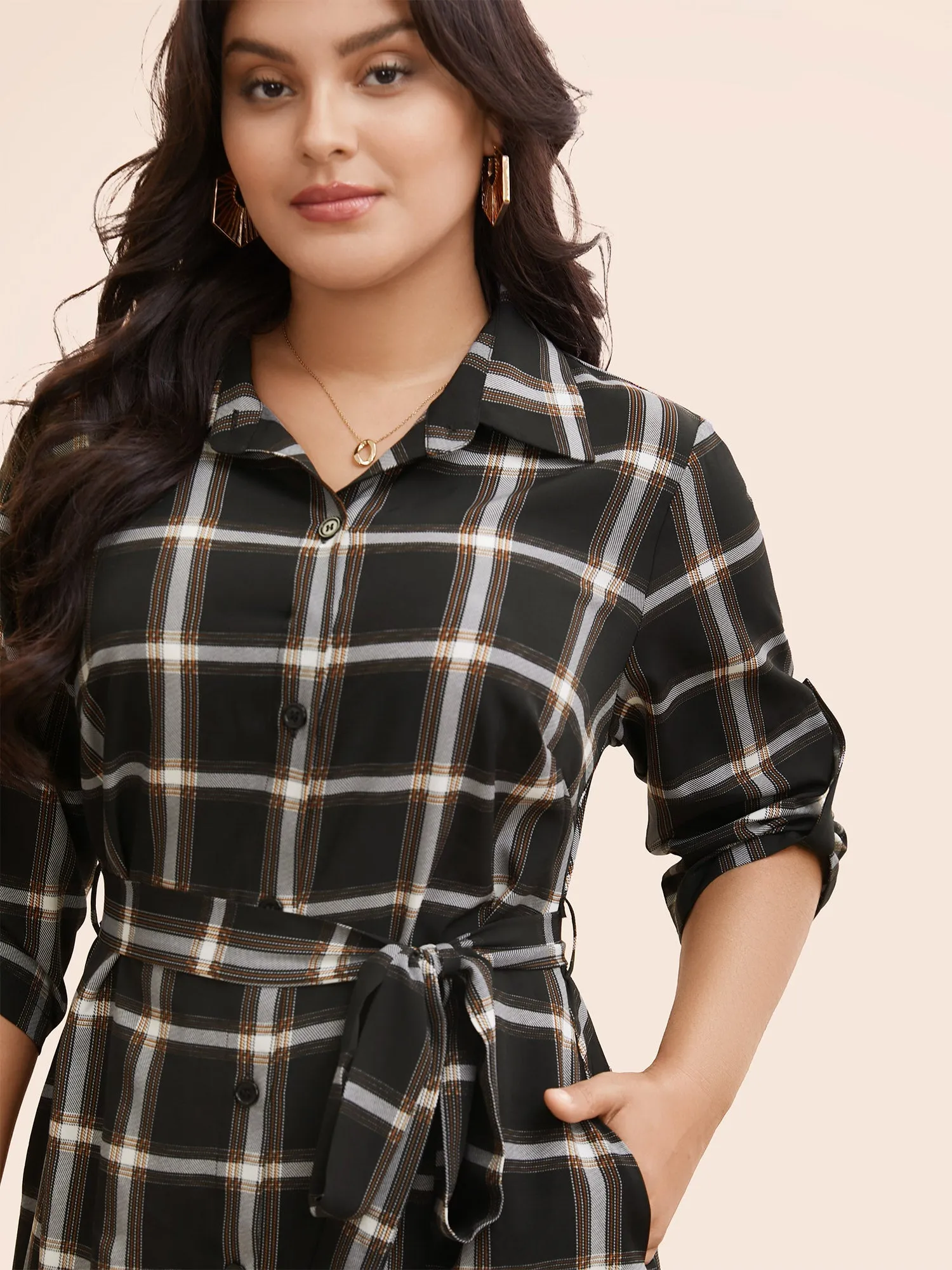 Plaid Shirt Collar Belted Tab Sleeve Dress sold by Bloomchic product image thumbnail 4