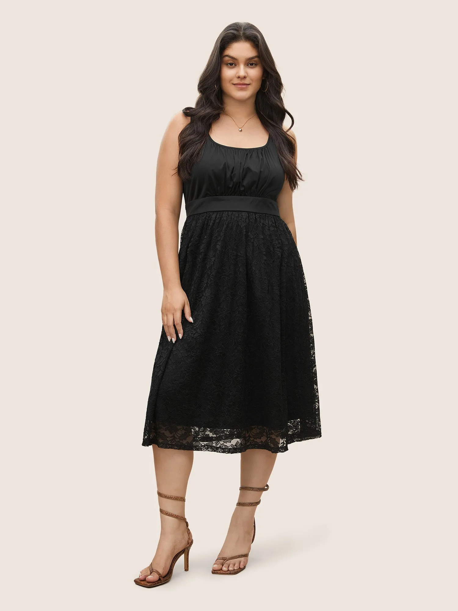 Lace Panel Gathered Front Tank Dress sold by Bloomchic