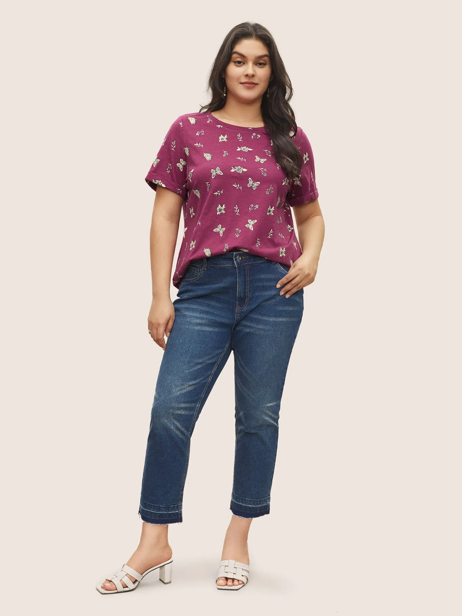 Butterfly Print Cuffed Sleeve T-shirt sold by Bloomchic product image thumbnail 3