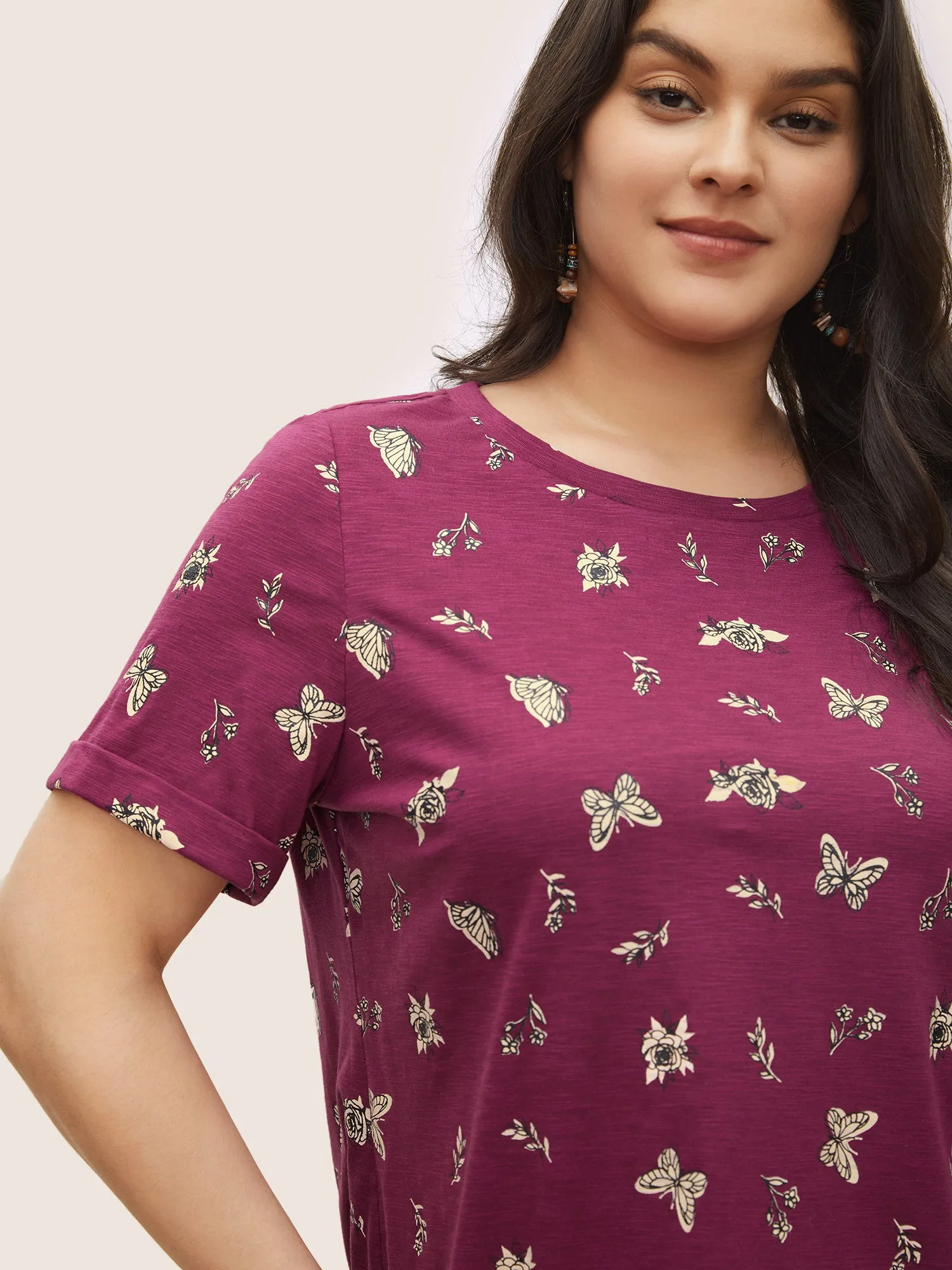 Butterfly Print Cuffed Sleeve T-shirt sold by Bloomchic product image thumbnail 4