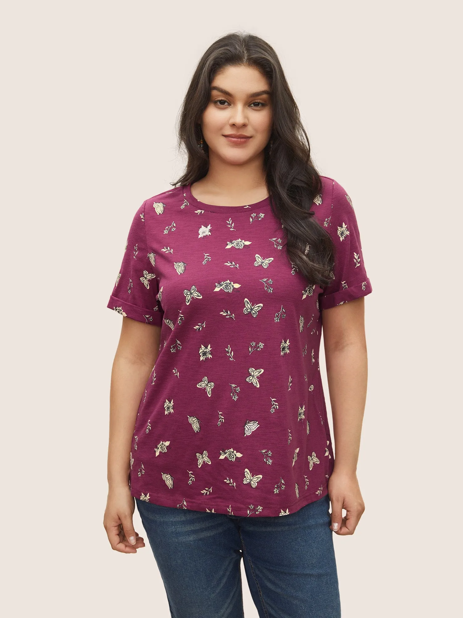Butterfly Print Cuffed Sleeve T-shirt sold by Bloomchic