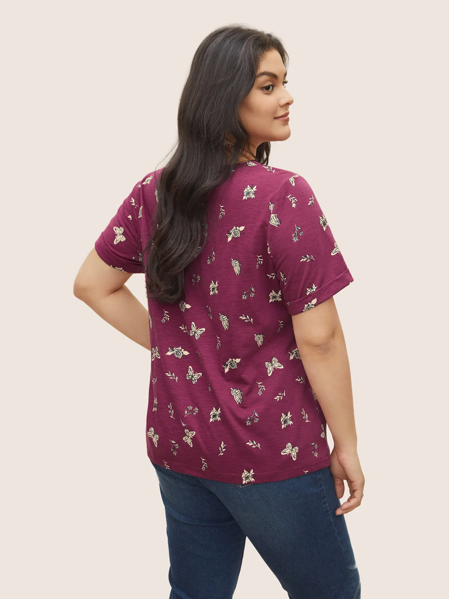 Butterfly Print Cuffed Sleeve T-shirt sold by Bloomchic product image thumbnail 2