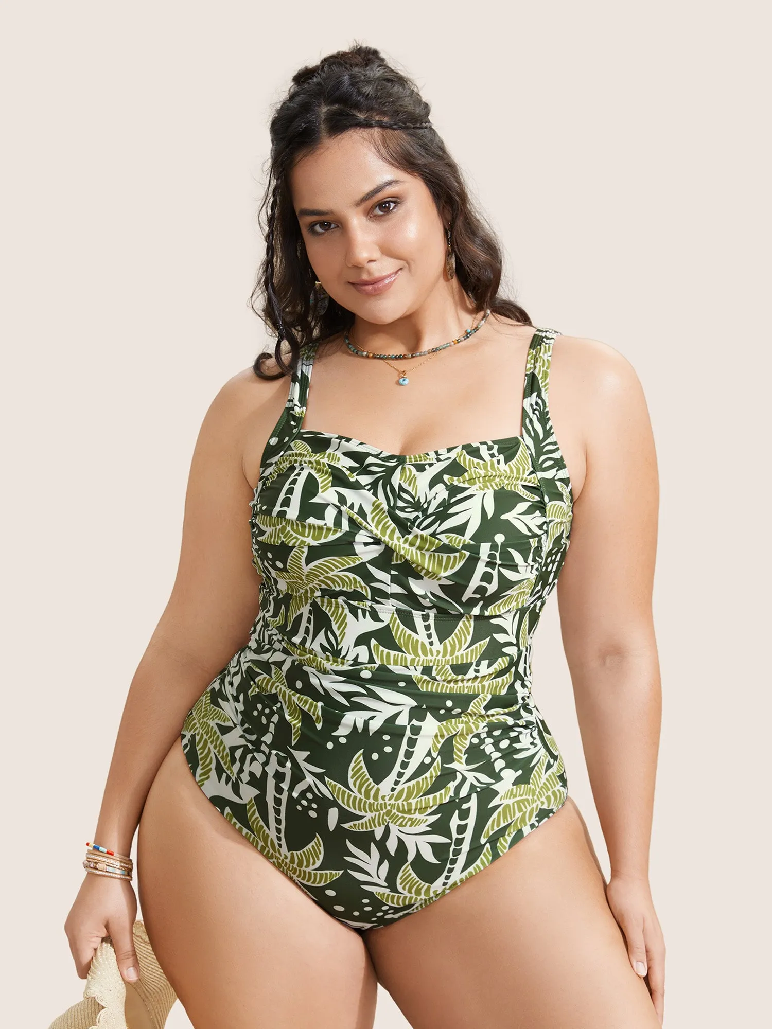 Heart Neckline Tropical Print Crossover One Piece Swimsuit sold by Bloomchic