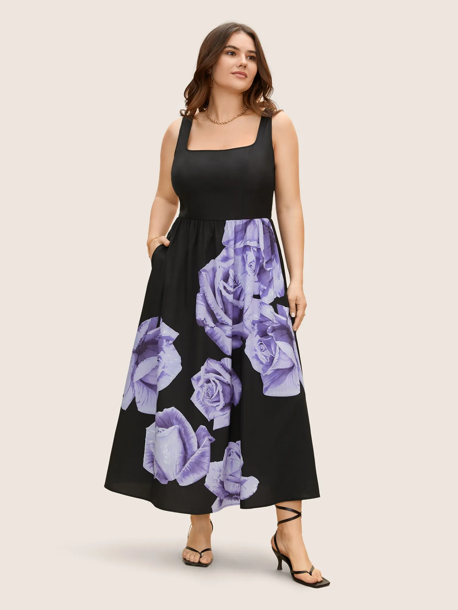 Square Neck Rose Print Elastic Waist Maxi Dress sold by Bloomchic