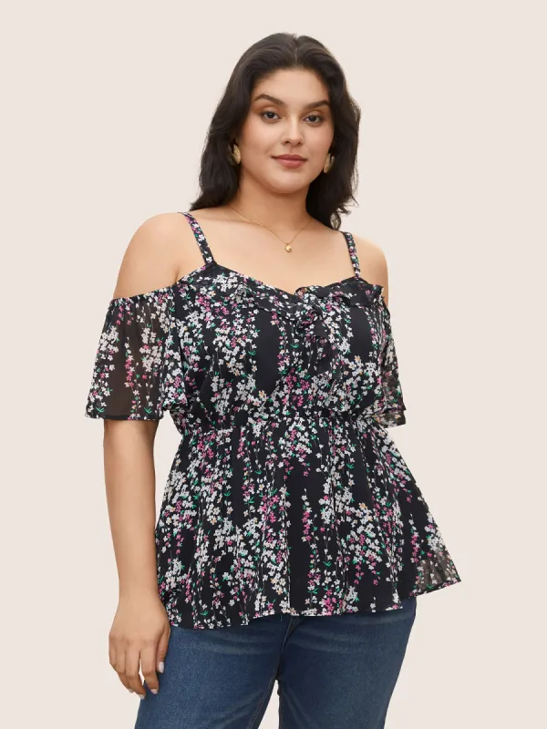 Chiffon Ditsy Floral Cold Shoulder Blouse sold by Bloomchic
